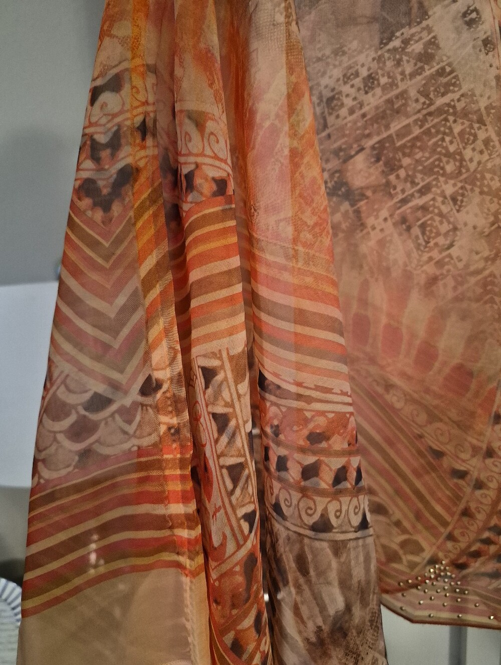 Sheer Orange Patterned Women's Top - Lightweight Boho Blouse - Picture 5 of 5